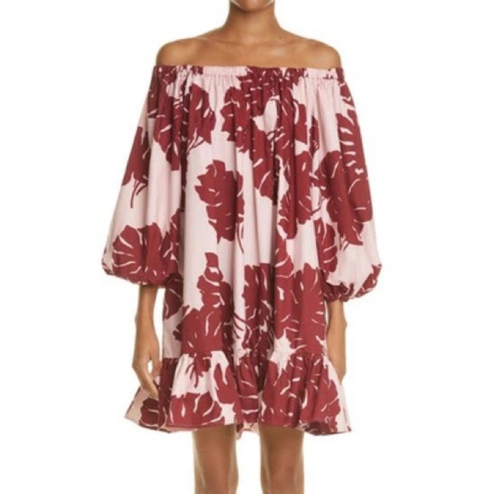 La Double J Paloma Dress Floral Monstera Printed Pink off shoulder dress